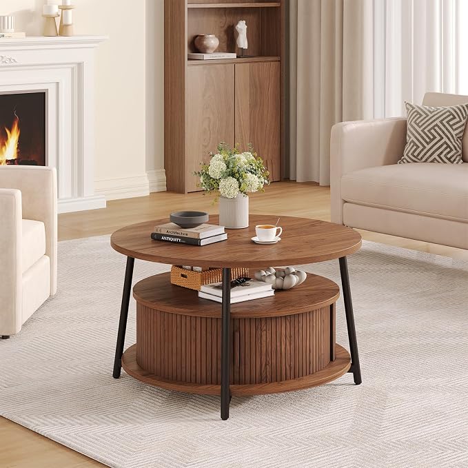 31.5 Inch Round Coffee Table with Storage, Fluted Coffee Tables with 2 Tiers, Mid-Century Modern Center Table with 2 Sliding Doors and Adjustable Footpad for Living Room, Walnut