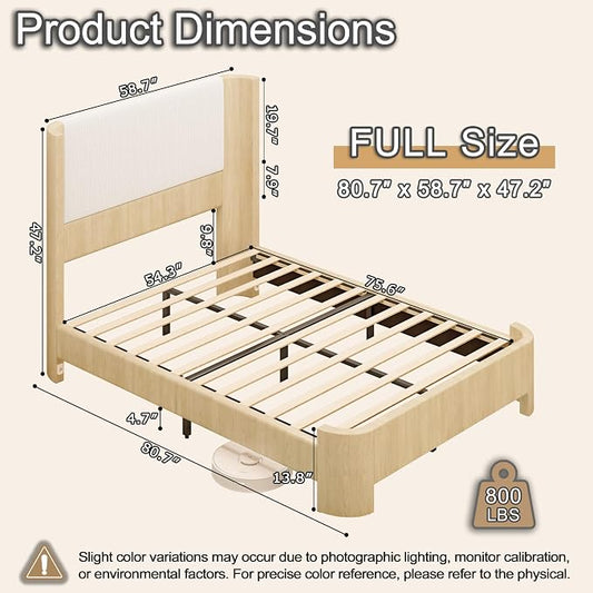 Full Size Upholstered Platform Bed Frame with Wingback Headboard, Motion-Sensing LED Lights, Sturdy Slats, Mattress-Lock Footboard, PU Leather,No Box Spring Needed, Easy Assembly, Whitewashed Oak