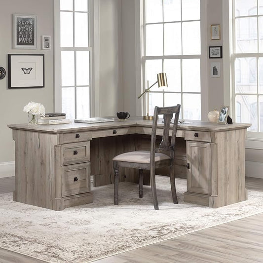 Sauder Palladia L Shaped Desk with Drawers, Office Desk with File Cabinet Storage, Cable Management, Keyboard Tray, in Split Oak finish