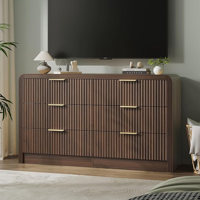 Decofy Fluted Drawers Dresser for Bedroom, Wood Dressers with Gold Handles, Modern Dressers with Wave Texture, Large Storage Chest of Drawers, Bedroom Dresser Organizer 55'' & 6 Drawers (Walnut)