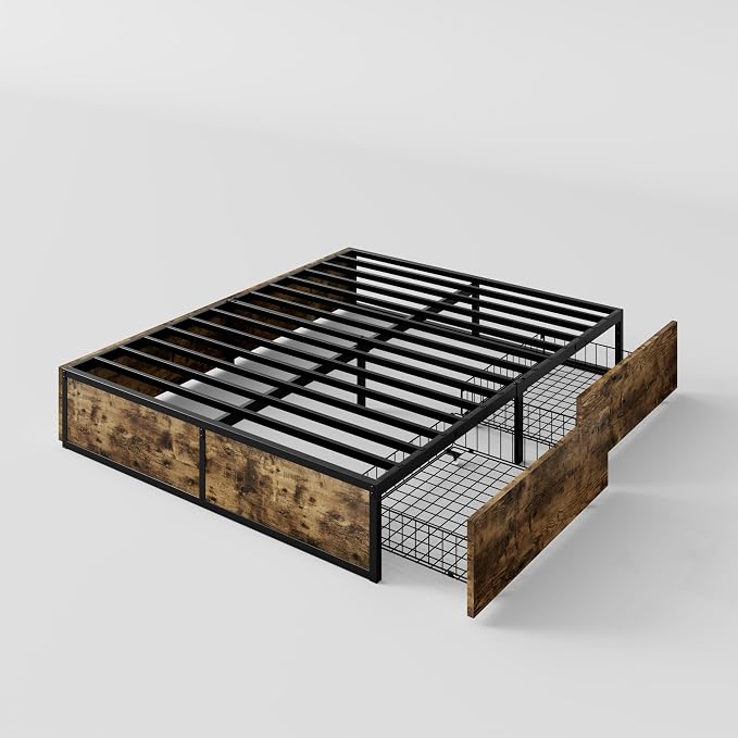 SHA CERLIN Full Platform Bed Frame with 2 Large Storage Drawers, Rustic Wood and Metal, Noise-Free, Easy Assembly, No Box Spring Needed, Brown