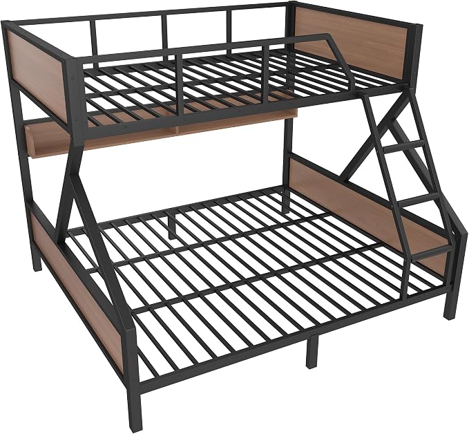 Bellemave Bunk Bed Queen Over King with LED, Heavy Duty Metal Bunk BedFrame with Storage Shelves and Lights, Woodgrain+Black
