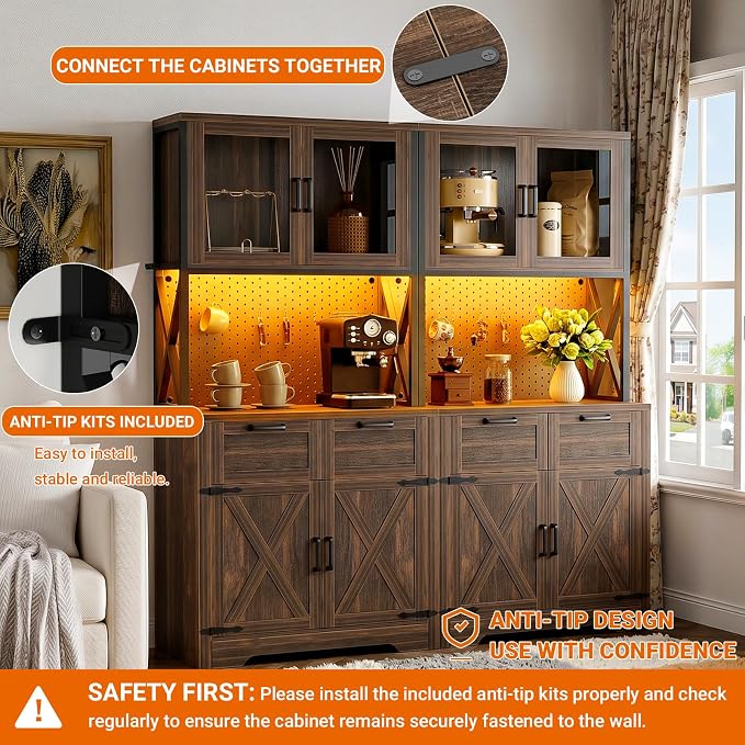 Unikito 71" Tall Kitchen Pantry Storage Cabinet with LED Light & Outlet, 63" Wide Kitchen Hutch Cabinet with Large Countertop, DIY Pegboard and Drawers, Food Pantry for Living Room,Weathered Brown