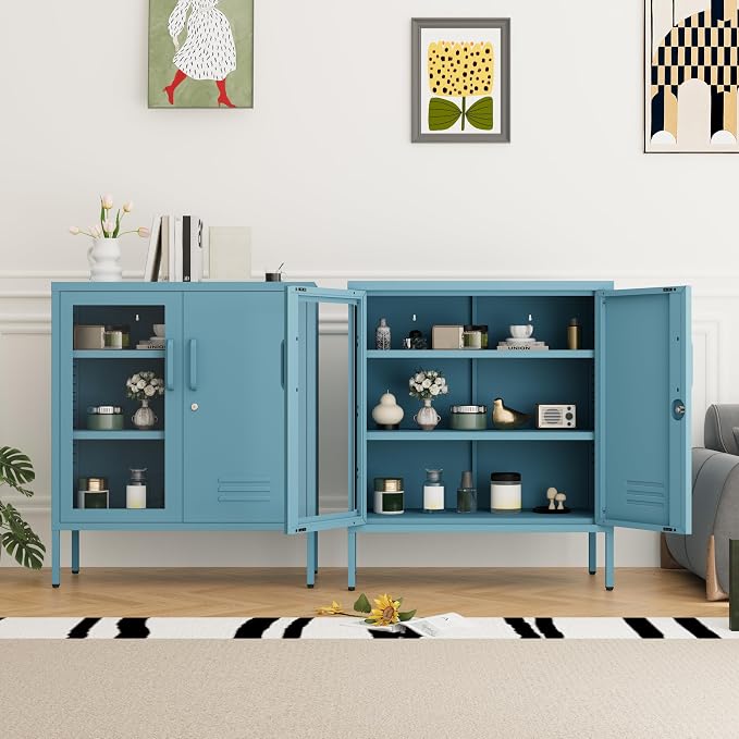 Metal Cabinet Metal Bathroom Storage Cabinet Metal Storage Cabinets with Glass Door and Adjustable Shelves Cabinet Storage for Coffee Bar for Homes, Living Rooms and Offices Blue 33''H