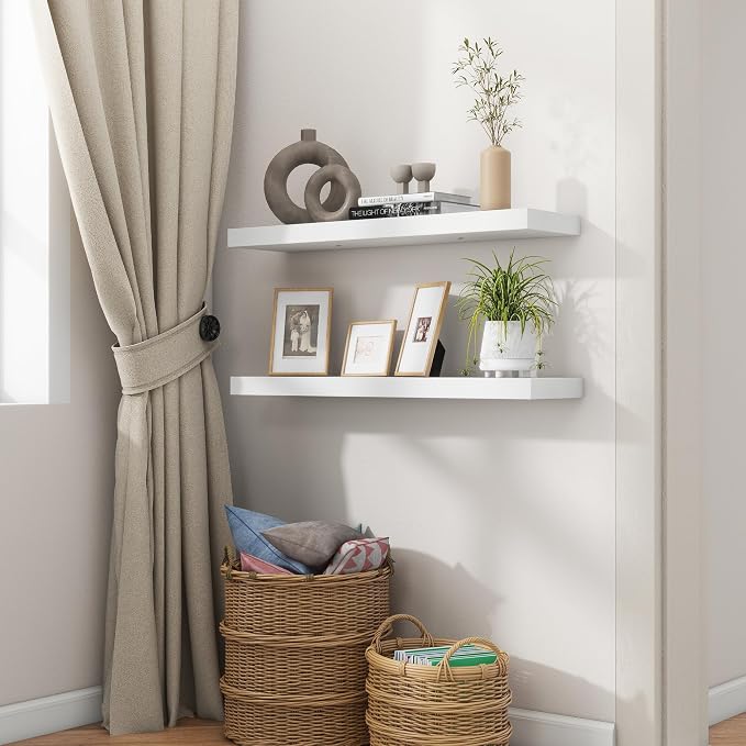fuqing 30 Inch Floating Shelves for Wall, White Wood Floating Shelves Set of 2, 30'' Long Wooden Wall Shelves for Living Room Bedroom Bathroom Home Office - White