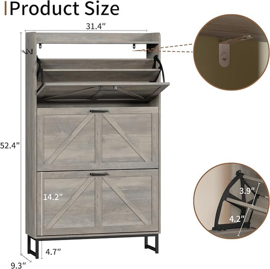 Shoe Cabinet with 3 Flip Drawers, Freestanding Hidden Shoe Storage Organizer for Entryway, Narrow Slim Shoe Rack Cabinet with Open Storage & Hooks for Front Door Entrance, Living Room, Hallway, Grey