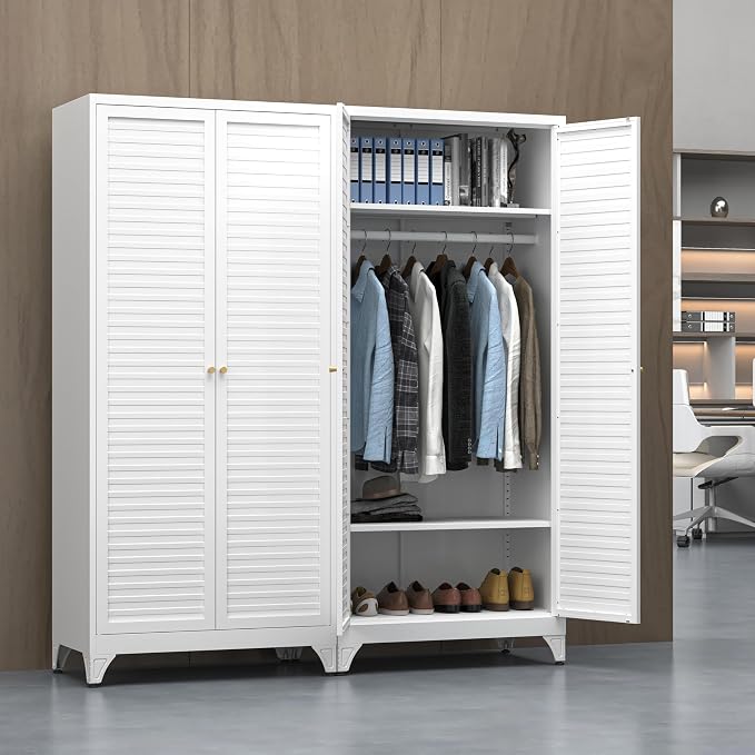 UNICOLY Metal Wardrobe Closet, 71'' Wardrobe Cabinet with Hanging Rod, Armoire Wardrobe Closet with 2 Louver Doors, Adjustable Shelves, for Bedroom, Cloak Room, School, Gym, Government, White