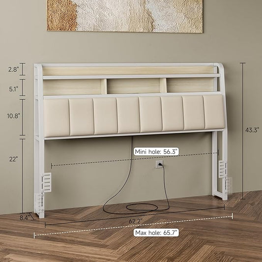 Queen Headboard Only with Storage, Upholstered Headboards for Queen Size Bed with LED Light, Charging Station, Height Adjustable, Sturdy and Stable Headboard, Off White