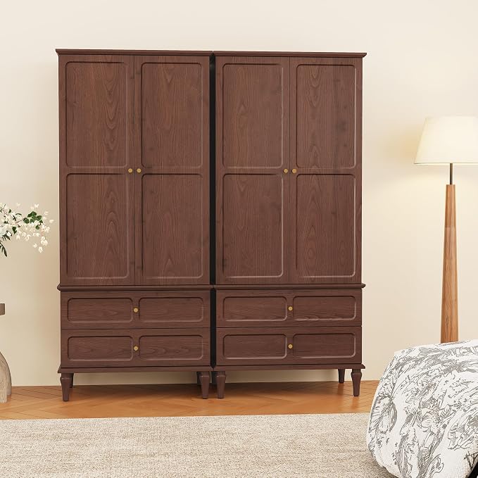 HLR 71" Mid-Century Modern Armoire Wardrobe Closet with Doors and Drawers,Wooden Armoire Storage Cabinet with Hanging Rod for Bedroom,Large Capacity Storage,Brown