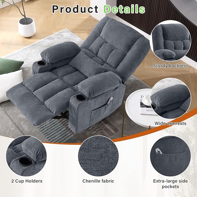 BOSMILLER 360° Swivel Rocker Recliner Chair for Adults,Oversized Recliner Chair with Massage and Heating, Manual Nursery Glider Recliner with Cup Holder and Side Pocket for Living Room, Bedroom