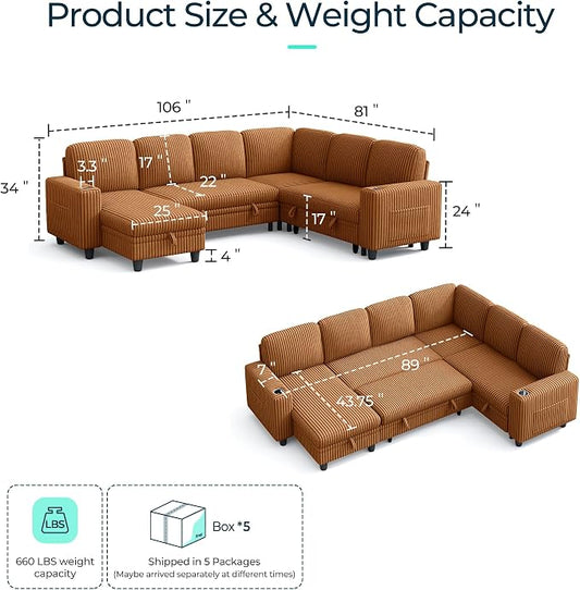 LINSY HOME Sectional Sleeper Sofa with Pull Out Couch Bed - Convertible Plush Corduroy Cloud Couch with Storage Chaise & USB Charging, Comfy Modular Couches for Living Room, Brown