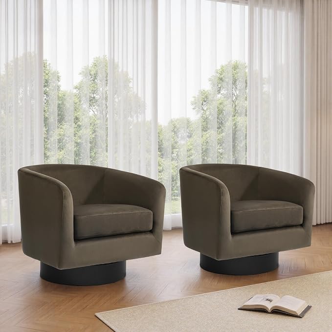 Swivel Barrel Accent Chair, Velvet Upholstered Armchair Modern Round Club Arm Chair for Living Room, Comfy Single Sofa Seating Bedroom Side Reading Seat for Home Office - Coffee