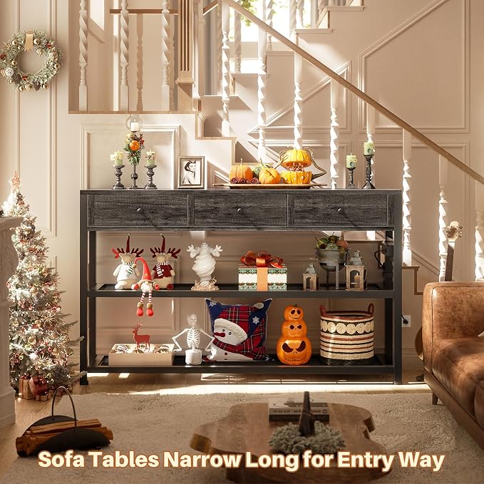 Ecoprsio 47'' Entryway Table with Outlets and USB Ports, Console Table with 3 Drawers, Sofa Table Narrow Long with Storage Shelves for Living Room, Couch, Hallway, Foyer, Kitchen Counter, Grey