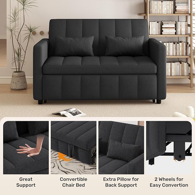 Nebuaegis Sleeper Sofa Bed,3-in-1 Convertible Pull Out Couch with Adjustable Backrest for Living Room,Loveseat Sofa Bed with Side Pockets,Easy Assembly,Dark Gray,1 PCS