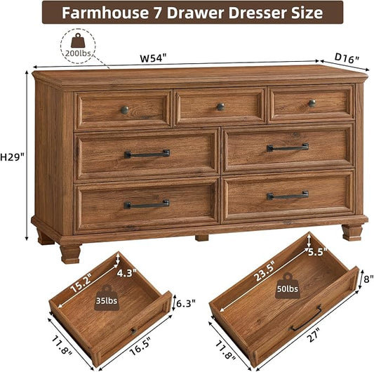 SAVOR LIFE Farmhouse 7 Drawer Dresser for Bedroom, 54” Horizontal Dressers & Chests of Drawers with Thickened Tabletop & Square Table Legs, Brown