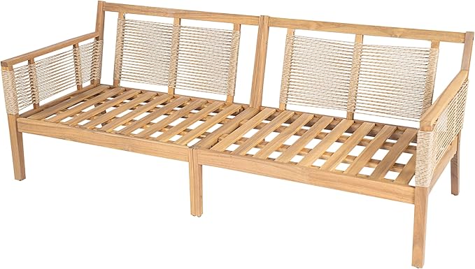 VilroCaz 5-Piece Patio Conversation Set, All Weather Sectional Sofa Set w/ 3 Seater Sofa, 2 Chairs and 2 Coffee Tables, Acacia Wood Outdoor Furniture Set with Woven Rope Accents and Cushions
