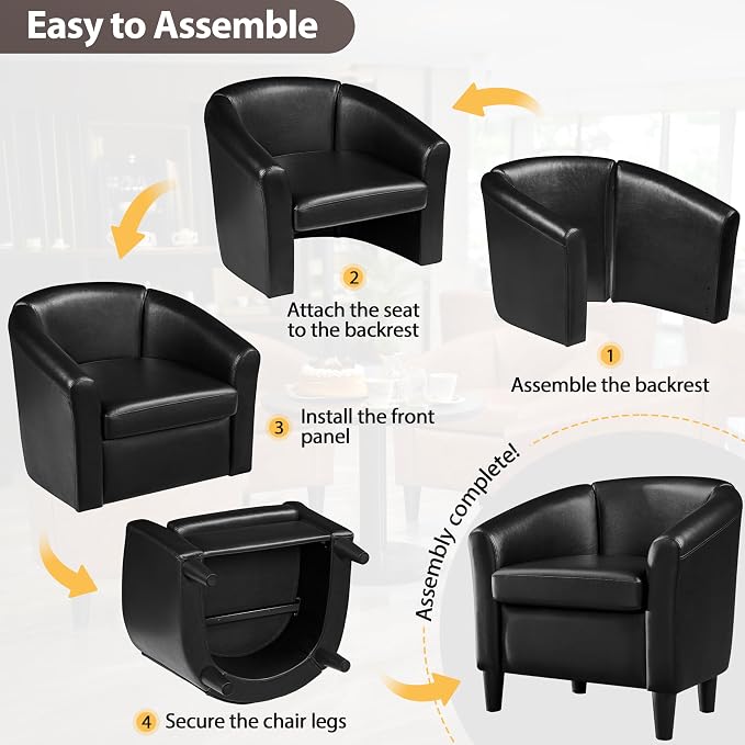 Topeakmart Faux Leather Club Chair, Modern Accent Chair and Cozy Barrel Armchair with Sturdy Legs for Living Room Bedroom Reception Room, Black