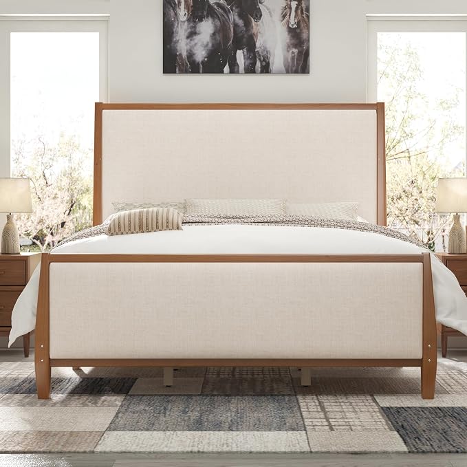 Jocisland 58" Tall Solid Wood King Size Bed Frame with Upholstered Headboard & Footboard, Wooden Platform Bedframe, No Box Spring Needed, Easy Assembly, Modern Farmhouse Style, Walnut