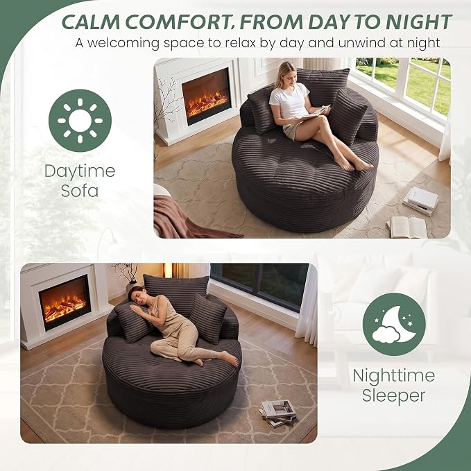 Oversized Round Chaise Lounge Chair, Deep Seat Cloud Boneless Floor Sofa Couch, Upholstered Corduroy Sleeper with 3 Pillows & Optional Ottoman, No Assembly Modern Lazy Floor Lounger for Living Room