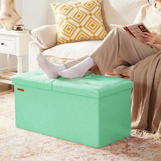 HAUSFRAU - 30 Inches Storage Ottoman Bench with Flipping Lid, Foldable Storage Chest Foot Rest for Living Room, Bedroom, Entryway, Load 660 lb, Synthetic Leather, Teal