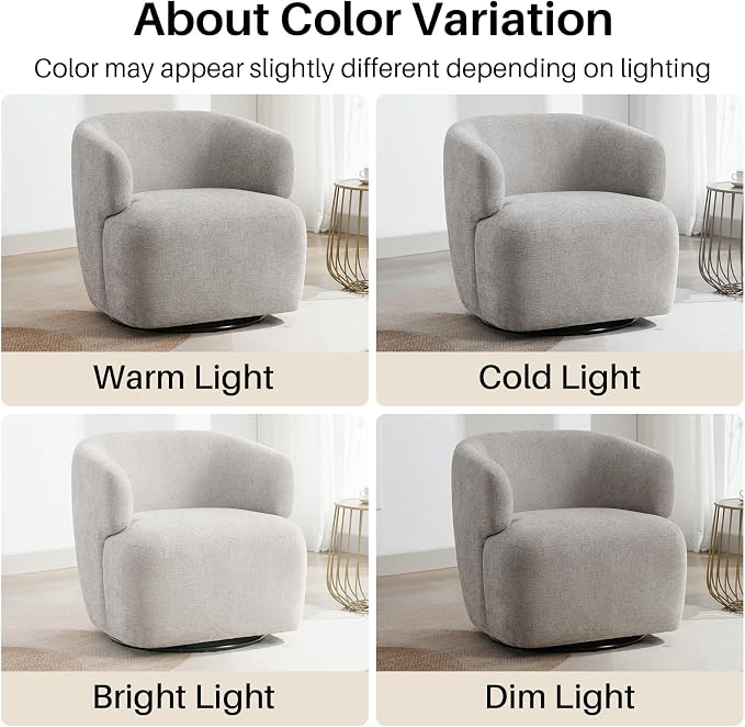 SOFTHION Swivel Accent Chair, Chenille Barrel Chair for Living Room, Cozy Round Boucle Arm Chair, Metal Base for Club Nursery Bedroom, Light Grey