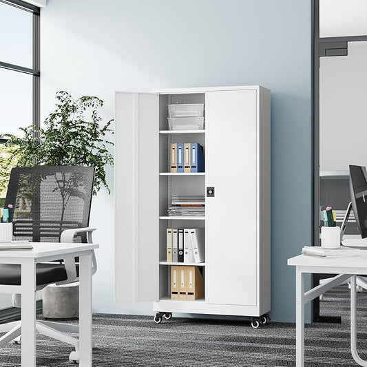 Fesbos Metal Rolling Storage Cabinet-74.6” Tall Steel File Cabinets with Wheels Lockable Doors and Adjustable Shelves-White Steel Storage Cabinet for Home, School, Office, Garage