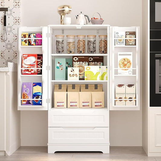 Gizoon Kitchen Pantry Cabinet with Drawers for Ding Room, 47" Small Food Pantry Storage Cabinet with 6 Door Shelves for Snack and Spice, Craft Storage Cabinet for Craft Room, White, Painted