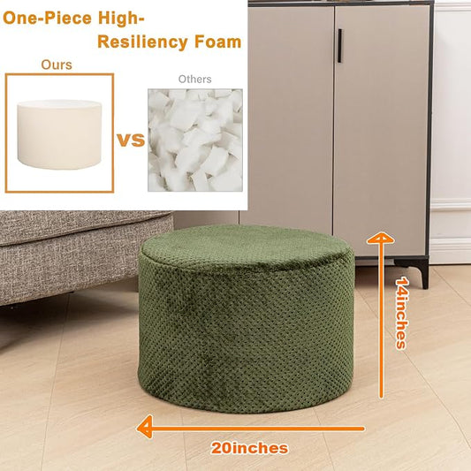 Poofieotto 20"x14" Round Foam Stuffed Pouf Ottoman - Modern Floor Foot Rest & Seating for Living Room, Bedroom, or Couch - Stylish Home Decor Accent (Deep Green)