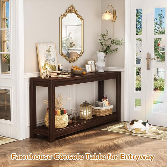Besiost 47" Farmhouse Wood Entryway Table Narrow Console Table with Storage Behind Couch Sofa Table with Shelves Entry Way Tables with Open Storage, Easy Assembly, Black Walnut