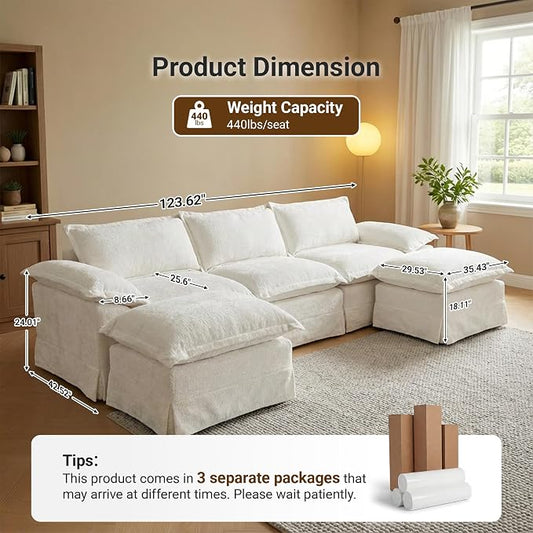 Claiks 123" Modular Boneless Couch, U Shaped Couch for Living Room, Modern Deep Seat Sofa 3 Seater Chenille Fabric Comfy Cloud Couches with Movable Ottoman, Beige