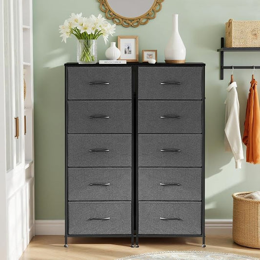 5 Drawers Dresser for Bedroom, Fabric Storage Tower Organizer with Wooden Top and Steel Frame, Tall Chest of Drawers for Closet, Entryway, Dorm, Gray