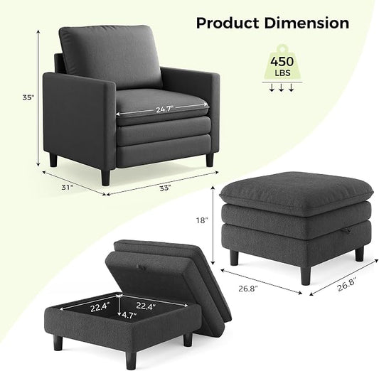 Welzona 3-Layers Cloud Accent Chair with Ottoman, 33" Comfy Reading Chair for Bedroom, Living Room, Tool-Free Assembly with Teddy Fabric Arm Chairs and Ottoman Set, Grey, Removable Washable Cover