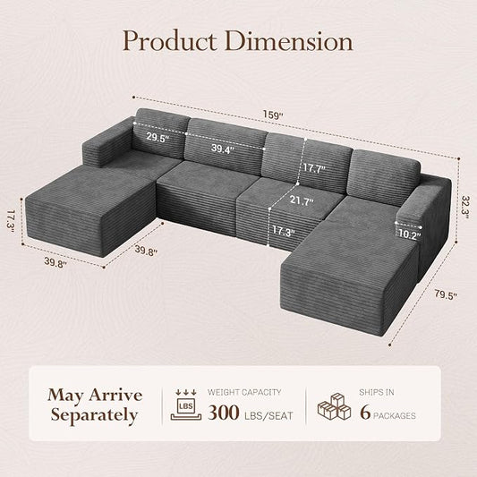 Vesgantti 159" Large Modular Sectional Sofa, U-Shaped Corduroy Cloud Couch with Deep Seats & Spring Support, 4-Seater Boneless Sofa with 2 Movable Ottomans, No Assembly Needed, Grey