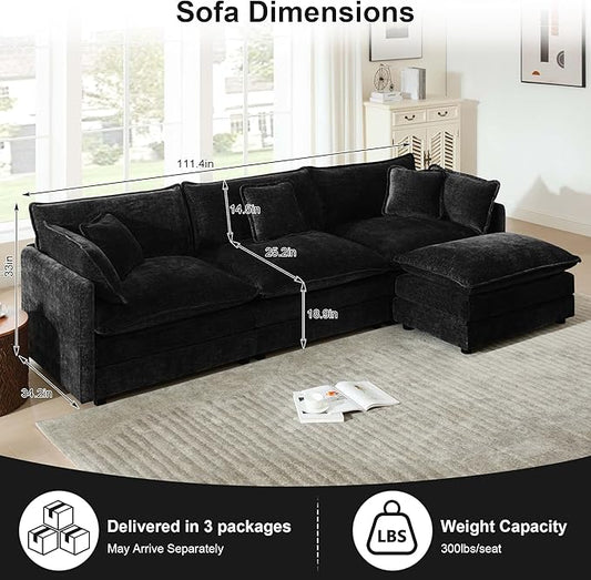 111.5" Modular Sectional Sofa, Large L Shaped Sectionals Cloud Couch, Big Comfy 3-Seat Couch with Ottoman, 4 Seater Chenille Sectional Sofa with Deep Seat and 5 Pillows for Living Room- Black