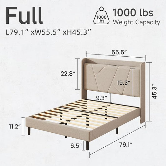 Full Size Linen Bed Frame, Storage Headboard with Charging Station, Upholstered Platform Bed with Wooden Slats Support, Solid and Stable, Noise Free, No Box Spring Needed, Easy Assembly, Beige
