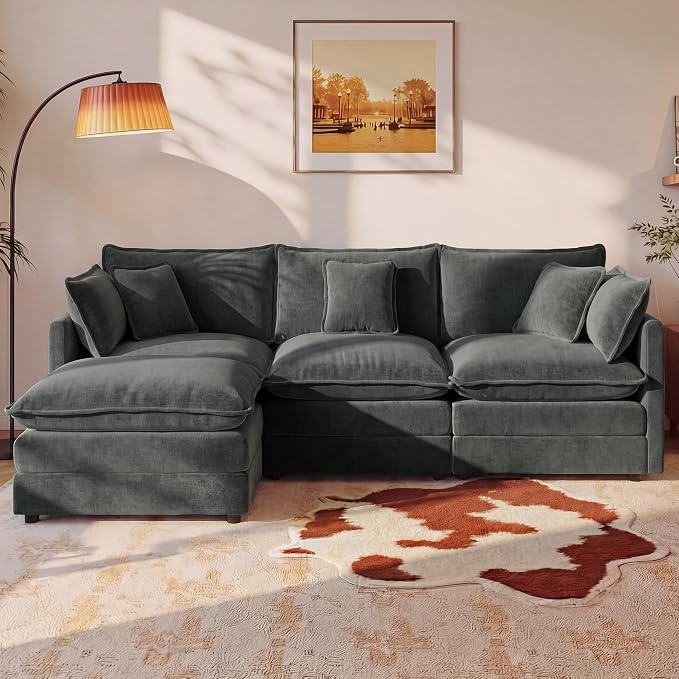 111.5" Modular Sectional Sofa, Large L Shaped Sectionals Cloud Couch, Big Comfy 3-Seat Couch with Ottoman, 4 Seater Chenille Sectional Sofa with Deep Seat and 5 Pillows for Living Room- Grey