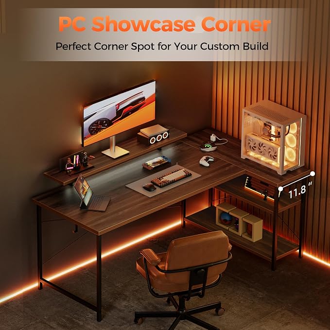 Mericonia Small L Shaped Computer Desk with Power Outlets, Reversible Gaming Desk with Storage Shelves & Monitor Stand, Corner Gamer Desk Table, Study Writing Table