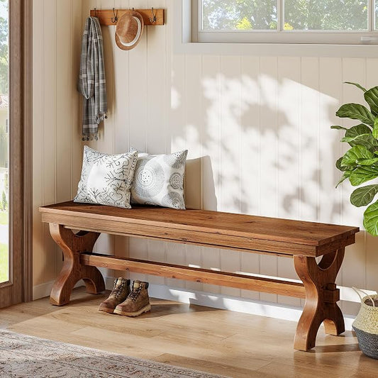 Solid Wood Entryway Bench, 55-Inch Farmhouse Indoor Bench, Narrow Hallway Seat for Living Room, Bedroom (2, Brown)