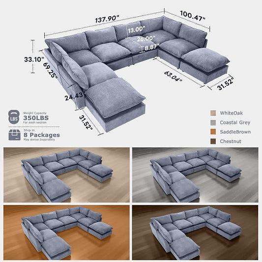 Iroomy Modular Sectional Sofa, Oversized Chenille Cloud Couch, Deep Comfy Seat, 8-Seater Sofas Couches for Living Room, Dusty Blue