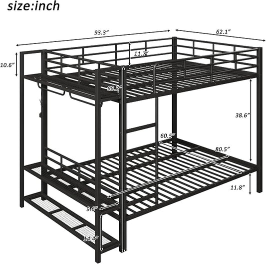 Bellemave Queen Over Queen Bunk beds, Metal Bunk Bed with Shelf and Guardrails,Queen Bunk beds with Storage Mesh Shelves and Clothes Hooks for Kids, Teens & Adults(Black)