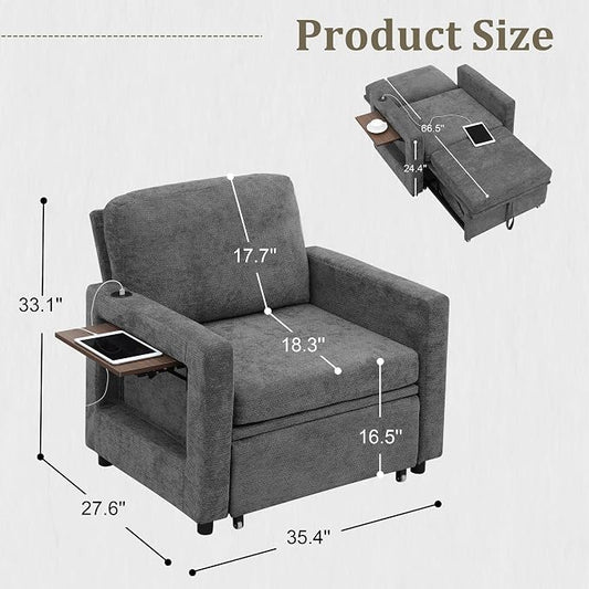 3 in 1 Folding Convertible Sleeper Sofa Bed Pull Out Couch with Side Pockets Side Table USB Port Single Sofa Bed with Adjustable Backrest for Living Room Bedroom Office 66" Darkgrey 1 SEAT