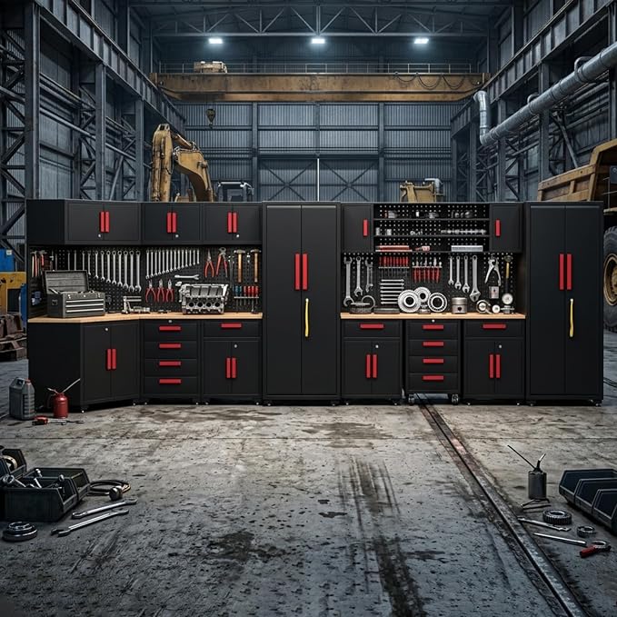 17PCS Garage Cabinets and Storage System with Corner Cabinet, Garage Storage Cabinet System,Cabinet Drawers, Workbench, Pegboard for Tool Organization, Red Black