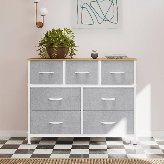 OLIXIS 7 Drawer Closet Organizer Chest, Fabric Storage Tower with Sturdy Steel Frame, Wooden Top & Easy Pull Fabric Bins, Dresser for Bedroom Living Room Entryway Clothes Organization, Light Gray