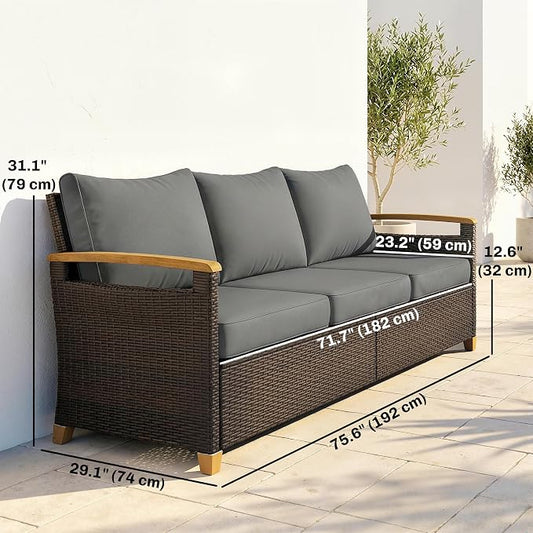 Outsunny 3 Seater Outdoor Couch Sofa, PE Wicker Patio Couch with Wide Deep Seating, 4" Foam Cushions, Wood-Effect Armrests and Legs, Patio Sofa Furniture for Garden, Backyard, Porch, Gray