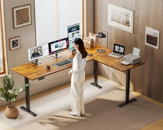 OffiGo 71 Inch Reversible L Shaped Electric Standing Desk, Height Adjustable Corner Stand up Desk, Ergonomic Large Lift Computer Table for Home, Office, Workstation, Rustic Brown