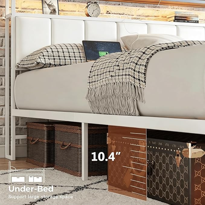 Full Size Bed Frame with Upholstered Headboard and 2-Tier Storage Shelves | Metal / Charging Station / LED Lights / Under Bed Storage / Non-slip/ Noise Free / No Box Spring Needed / White