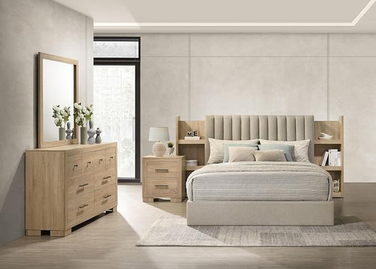 Coaster Home Furnishings - Arielle - Wood - 4-Piece Bedroom Set with Storage Bed, Tufted Headboard, Bookcase Panels and Transitional Style - Bedroom - Eastern King Size - Light Oak - 223111KE-S4
