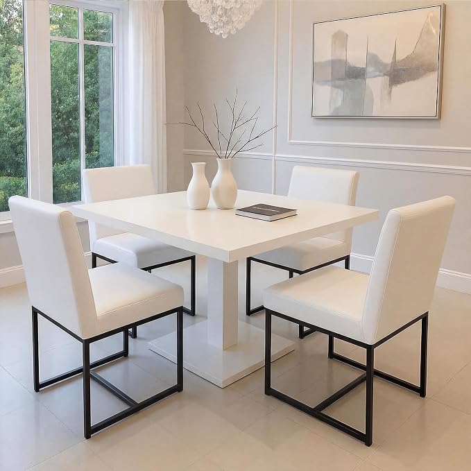 HNY Modern Dining Chairs Set of 2, Upholstered Leather Dining Room Chairs with Ergonomic Back & Metal Frame for Home, Kitchen, Apartment, White