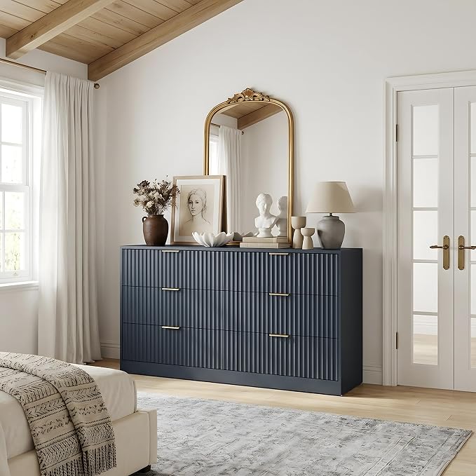 Navy Blue 6 Drawer Dresser for Bedroom, 55" Wide Fluted Chest of Drawers with Gold Metal Handles, Wood Dresser Storage Organizer Mid Century TV Stand for Living Room Closet Hallway