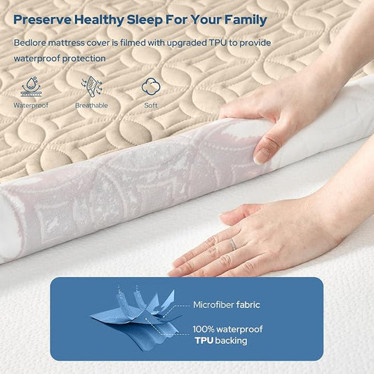 BEDLORE Waterproof Mattress Protector, Twin XL Size Mattress Pad with Deep Pocket 6"-15" Depth, Soft Breathable Bed Mattress Cover for Bedroom, College Dorm (Beige)